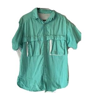 Vtg Tarponwear By Simms Short Sleeve Vented Nylon Fishing Shirt Teal Mens Med